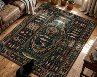 Vintage Fishing Tackle Printed Rug with Trout, Lures and Fly Reel