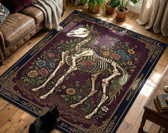 Skeleton Horse Rug, Gothic Floral Botanical Area Carpet, Dark Academia Decor