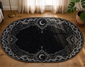 Oval Gothic Lace Rug, Black Victorian Carpet, Witchy Bedroom Area Rug