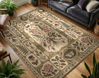Botanical Specimen Rug with Wildflowers, Ferns and Butterflies