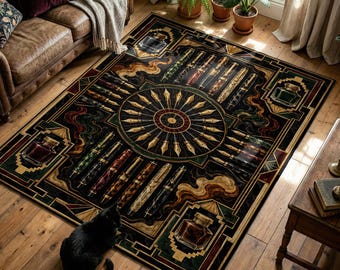 Fountain Pen Rug, Art Deco Nib Sunburst and Ink Bottle Print