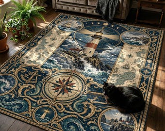 Lighthouse Rug with Nautical Maps, Compass Rose and Ocean Waves