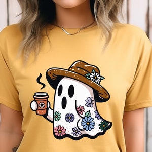 Café fantasma floral colorido retro SVG PNG, clipart de café de Halloween, diseño de camiseta lindo, archivo Cricut para motivo de café fantasma, café floral
