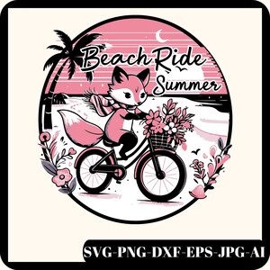 Balade rétro sur la plage en été PNG Svg | Conception de chemise d'été | Graphique d'été png | Conception de sublimation de chemise | Fille d'été PNG | Renard chevauchant png