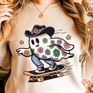Retro bloemen Ghost skateboard SVG PNG, Halloween Skate Clipart, Spooky T-Shirt Design, gesneden bestand bloemen Skate motief, Skate Ghost afbeelding