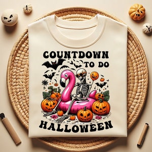 Wachten op Halloween PNG, aftellen naar spookachtig seizoen, schattige Summerween-clipart, skeletpompoen DTF-shirtontwerp, digitale download