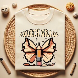 Lápis de coquete retrô da quarta série com laço Svg Png, volta às aulas, primeiro dia de aula, camiseta de professor da quarta série Svg, fita de professor Png