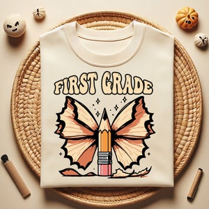 Lápis de coquete retrô de primeira série com laço Svg Png, volta às aulas, primeiro dia de aula, camiseta de professor de primeira série Svg, fita de professor Png