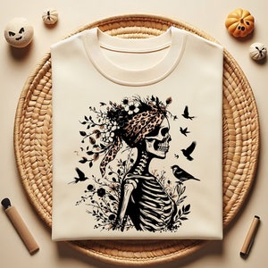 Esqueleto de mujer con flores de naturaleza Svg Png, Esqueleto de niña con patrón de leopardo Clipart, Esqueleto humano Svg, Mamá espeluznante Svg, Esqueleto de leopardo Mamá PNG