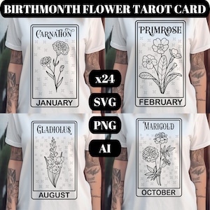 Lot de 24 cartes de tarot fleur de mois de naissance Svg, cartes de tarot Svg, mois de naissance Svg, fleur Svg, lot de tarot Svg, fleur de naissance Svg, Png, Svg marguerite