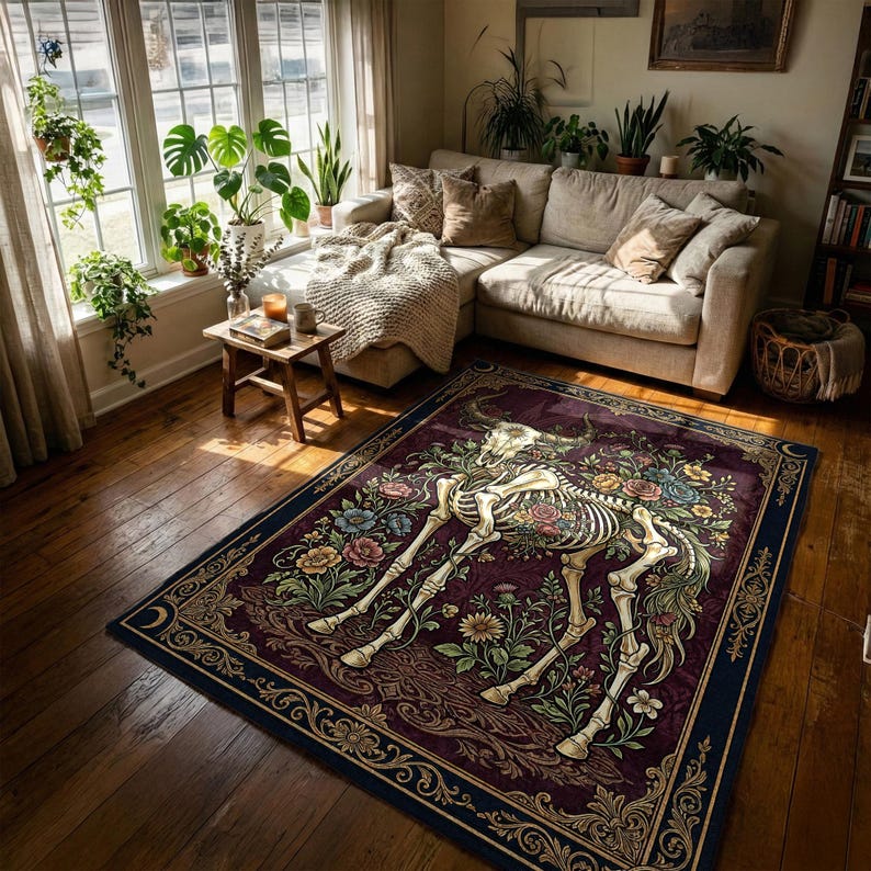 Bull Skull Floral Rug, Gothic Botanical Area Rug, Dark Academia Oxblood ...