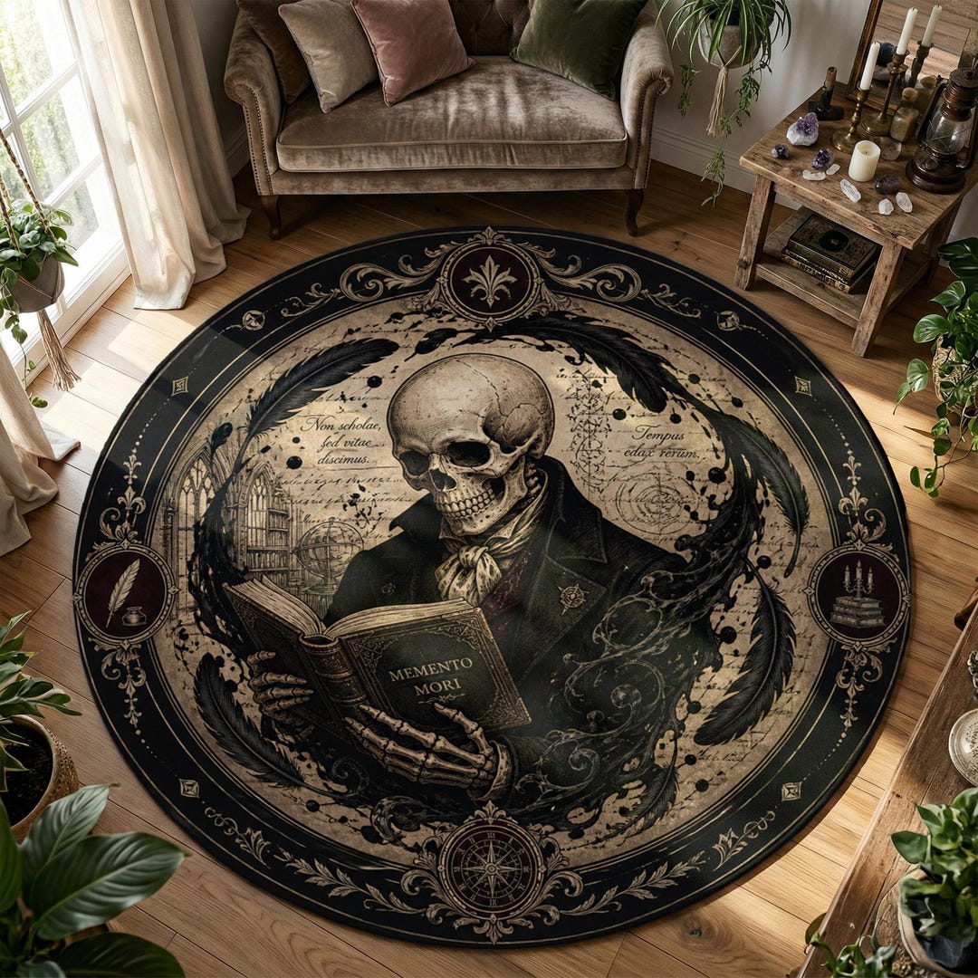 Dark Academia Skeleton Reading Rug, Library Aesthetic Round Area Rug ...
