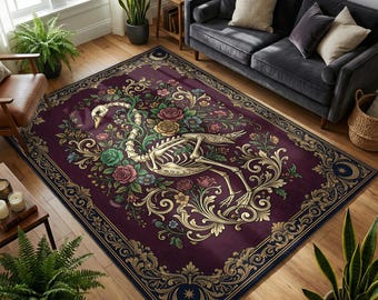 Gothic Skeleton Bird Floral Rug, Dark Academia Botanical Carpet, Witchy Maximalist Home Decor