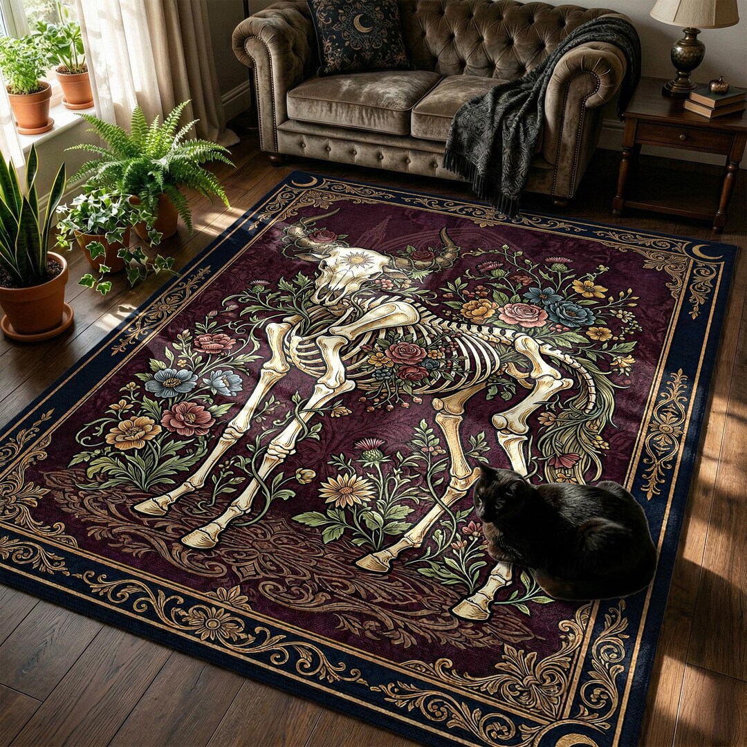 Bull Skull Floral Rug, Gothic Botanical Area Rug, Dark Academia Oxblood ...