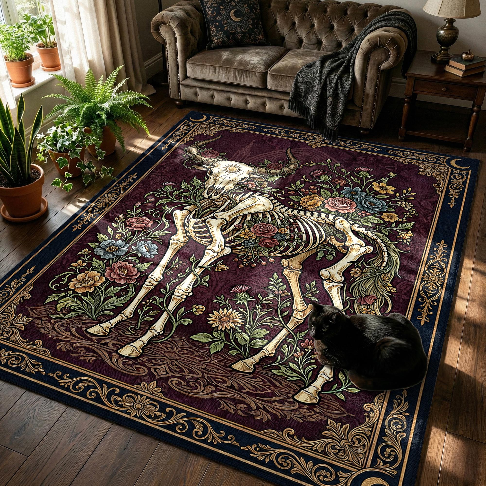 Bull Skull Floral Rug, Gothic Botanical Area Rug, Dark Academia Oxblood ...