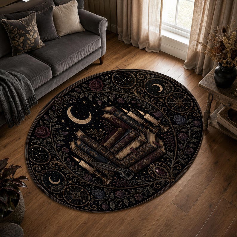 Black gold reading nook floor mat for book lovers and gothic home decor fans