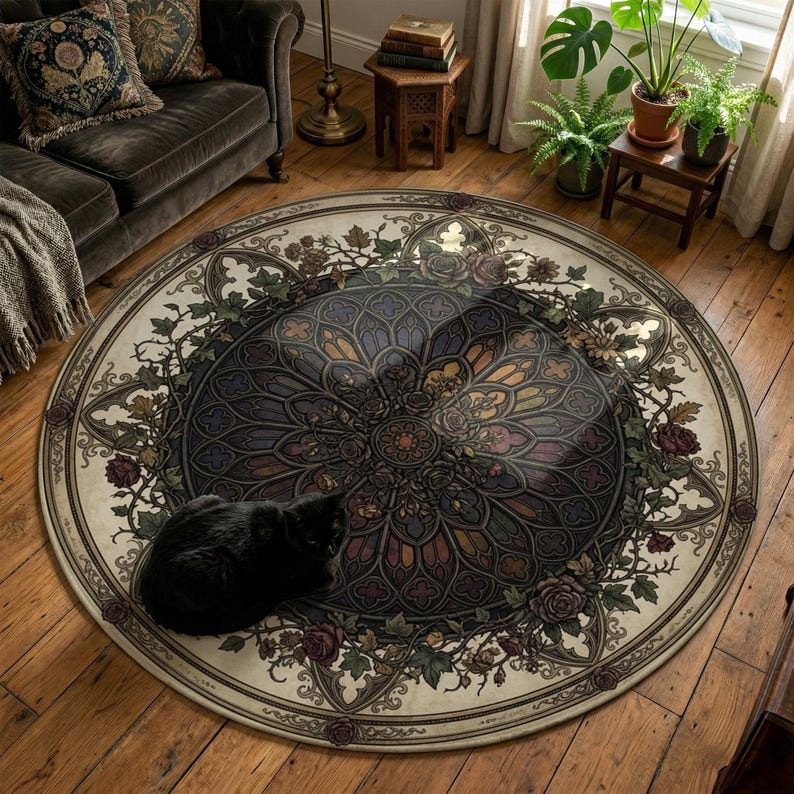 Cathedral Rug Gothic Rose Window Rug, Cathedral Floral Round Carpet, Botanical ...