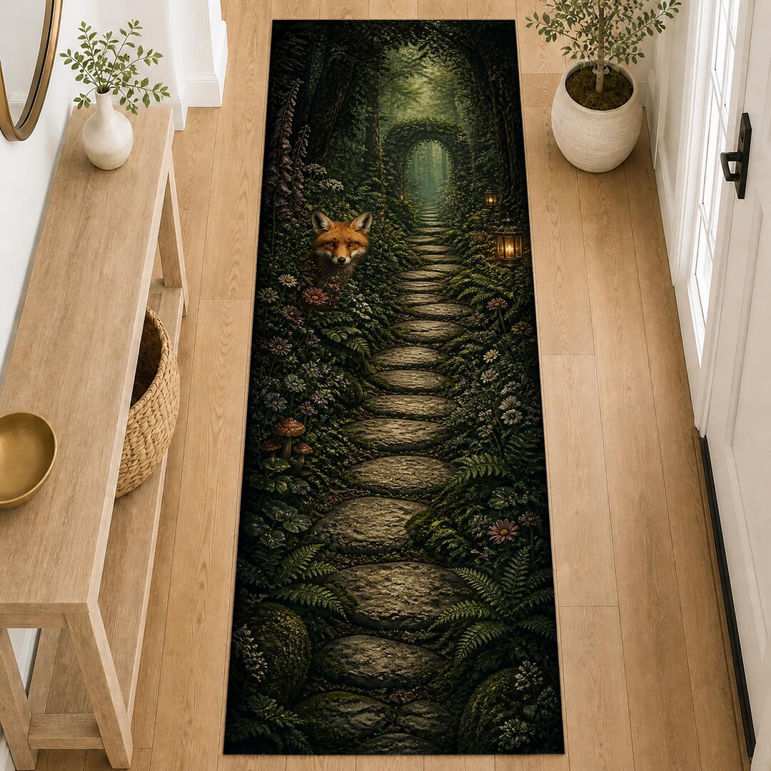 Dark Cottagecore Fox & Flora Runner Rug Enchanted Meadow Digital Print ...