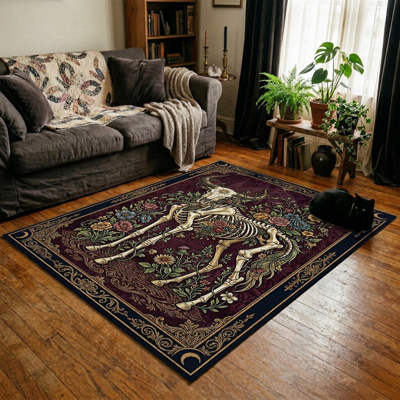 Bull Skull Floral Rug, Gothic Botanical Area Rug, Dark Academia Oxblood ...