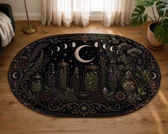 Apothecary Bottle Carpet, Moonlit Herb Floor Decor, Potion Collector Gift