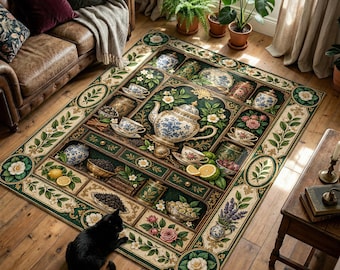 Tea Collection Rug with Floral Teapot, Cups and Botanical Cabinet