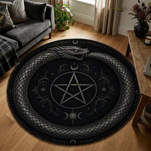 Gothic Serpent Ouroboros Rug, Infinity Symbol Decor, Black Celestial Snake Round Area Rug, Non-Slip Washable Mat for Gothic Home Decor