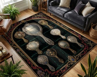 Ornate Hand Mirror Print Rug, Emerald Vanity Collection Design