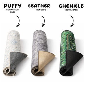 May include: Three rolled rugs are displayed, each with a different texture and design. The first is a light-colored rug with a cotton soft pile. The second is a gray leather rug, and the third is a green chenille rug with a cotton base. The text above each rug describes the material.