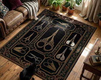 Embroidery Scissors Print Rug with Ornate Floral Frames