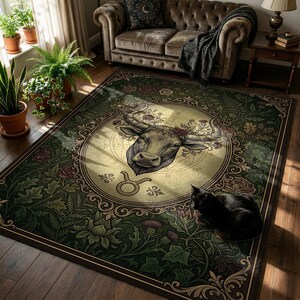 Taurus Zodiac Rug, Gothic Bull Celestial Astrology Decor, Dark Academia Green Carpet
