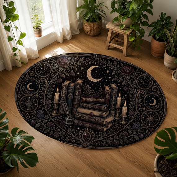 Oval Reading Nook Rug, Dark Academia Carpet, Gothic Library Room Decor