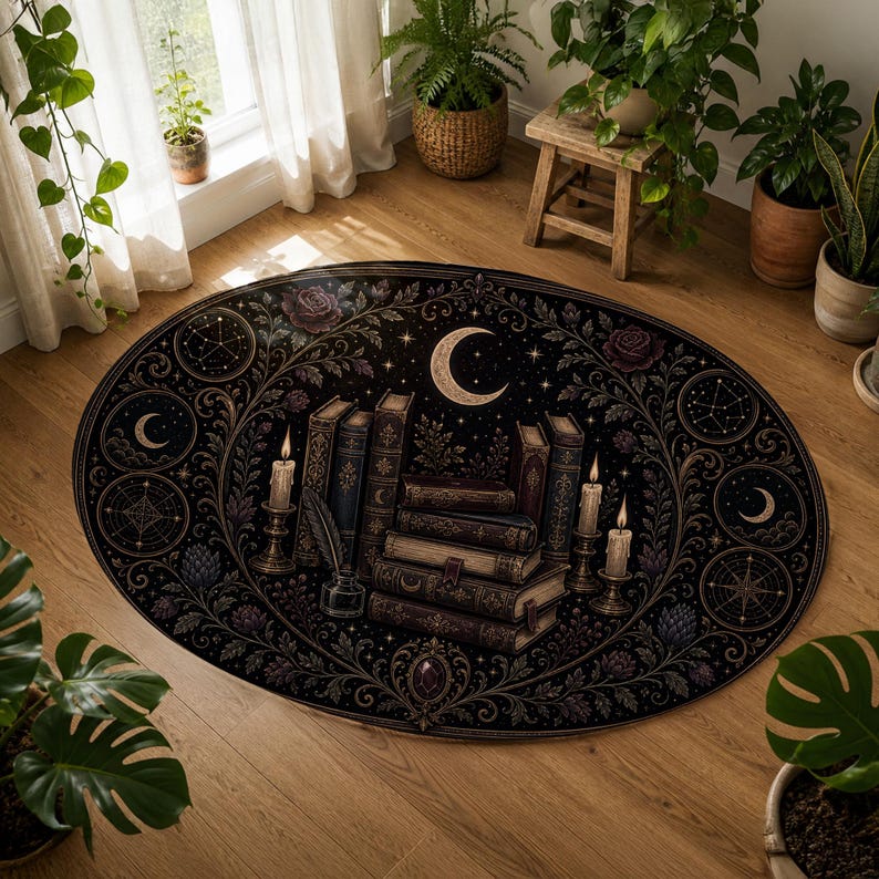 Oval reading nook rug with antique books, candles, and crescent moon design