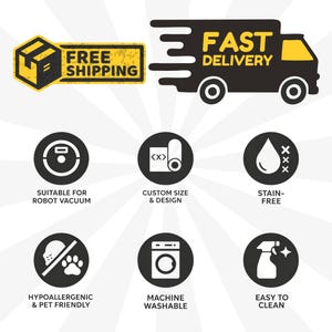 May include: Black and yellow graphic with text "FREE SHIPPING" and "FAST DELIVERY". Icons indicate features: robot vacuum compatibility, custom size, stain-free, hypoallergenic, machine washable, and easy to clean.