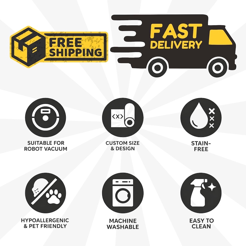 May include: Black and yellow graphic with text "FREE SHIPPING" and "FAST DELIVERY". Icons indicate features: robot vacuum compatibility, custom size, stain-free, hypoallergenic, machine washable, and easy to clean.