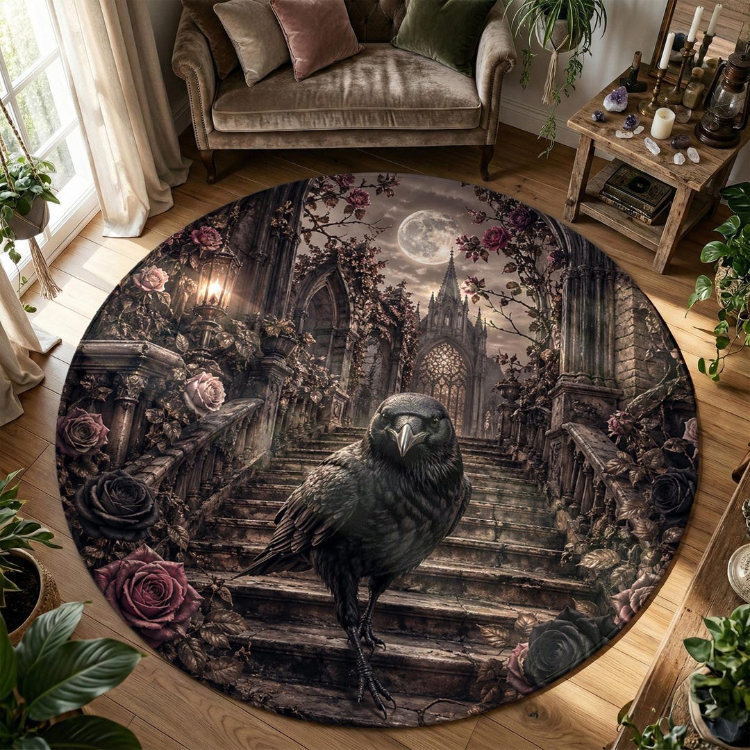 Round Gothic Rug 3D Raven Rug, Dark Gothic Round Carpet With Moonlit Ruins, Gothic Roses ...
