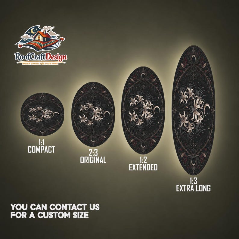 May include: Four decorative oval-shaped wall art pieces with floral designs in varying sizes. The pieces are black with white and silver floral patterns and a dark red border. The text "Roof Craft Design" and "You can contact us for a custom size" are also visible.