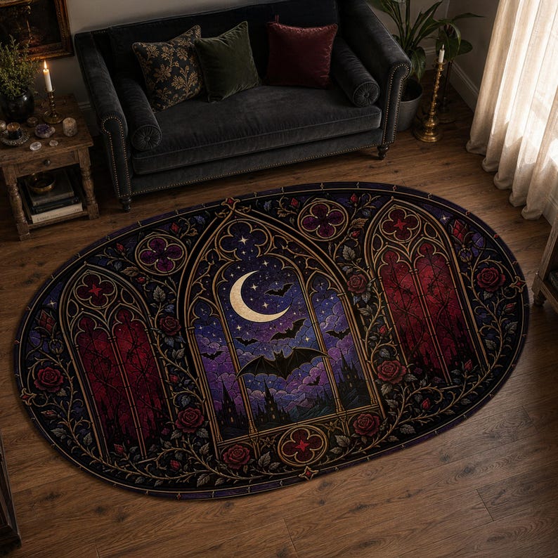 Cathedral Rug Oval Gothic Stained Glass Rug, Cathedral Window Carpet, Vampirecore ...