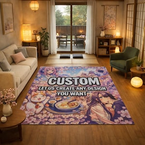 May include: A rectangular custom rug with a colorful anime-style design. The rug features the word "CUSTOM" in large white letters, along with the text "LET US CREATE ANY DESIGN YOU WANT". The design includes anime characters, food, and cherry blossoms.