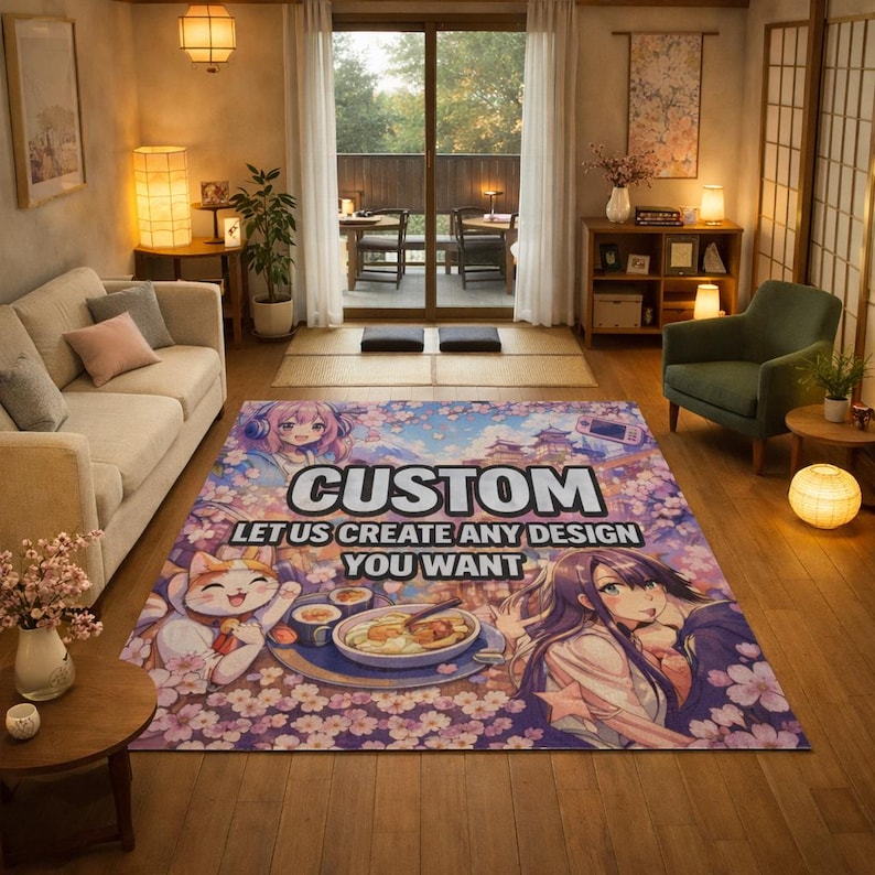 May include: A rectangular custom rug with a colorful anime-style design. The rug features the word "CUSTOM" in large white letters, along with the text "LET US CREATE ANY DESIGN YOU WANT". The design includes anime characters, food, and cherry blossoms.