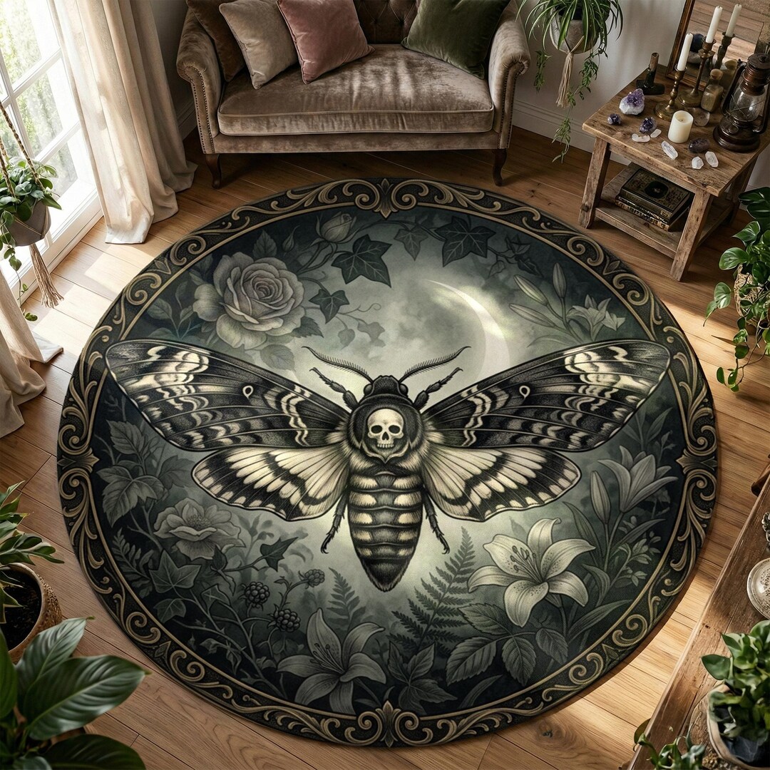 Death’s Head Moth Rug, Moonlit Botanical Gothic Carpet, Vintage Skull ...