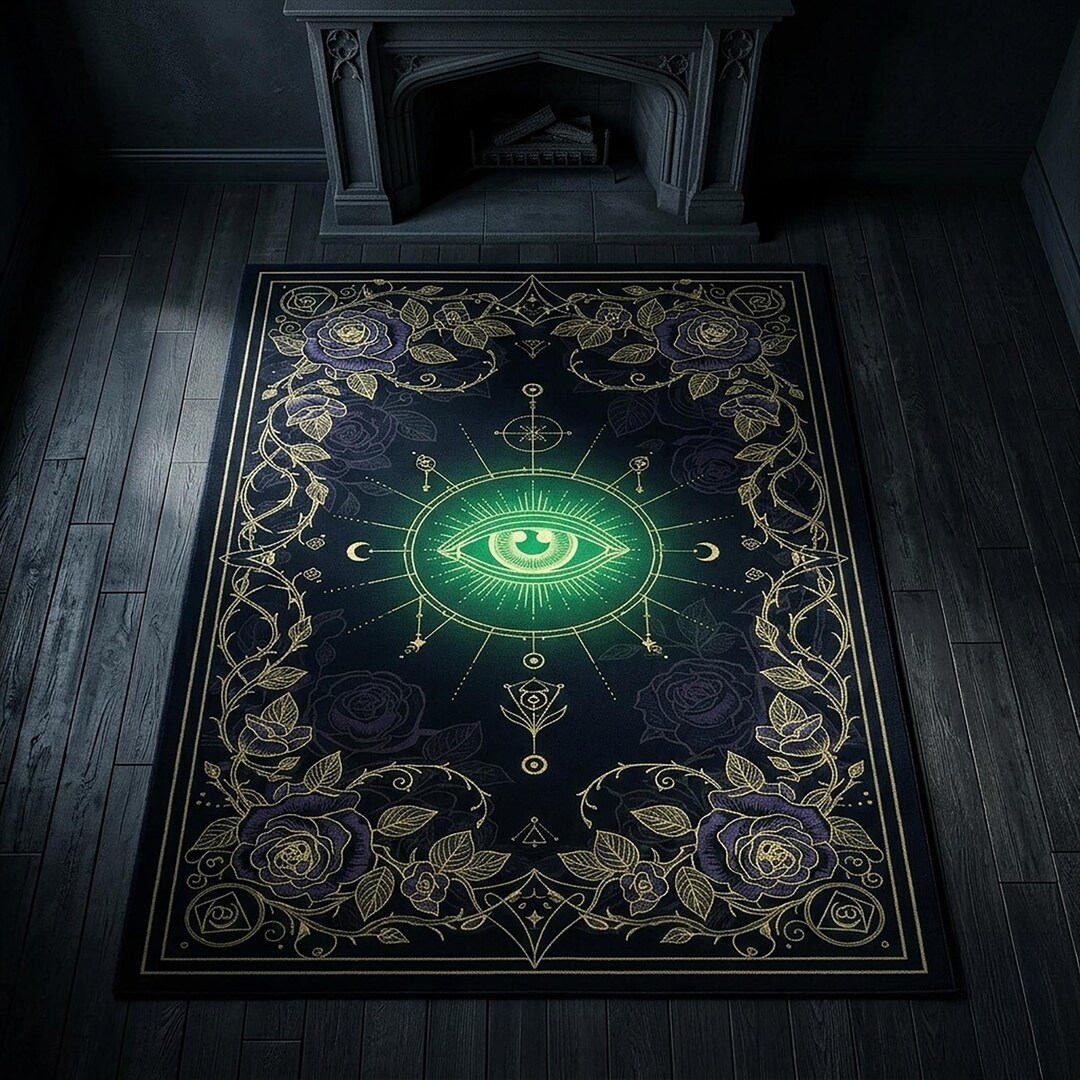 Gothic Rug For Library Dark Gothic Rug | Sacred Geometry Evil Eye | Emerald Aura Gothic Decor ...