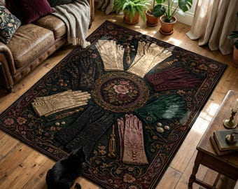 Vintage-Style Glove Print Rug with Roses and Ornamental Border