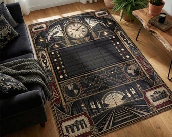 Vintage Train Station Clock Rug with Railway Timetable Design