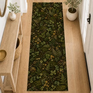 Vintage Woodland Moss Rug, Forest Core Runner, Green Botanical Hallway Runner, Machine Washable Non-Slip Corridor Mat for Entryway