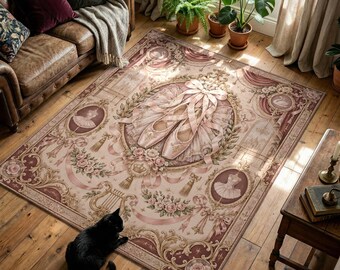 Pink Ballet Shoes Printed Rug with Tutu, Roses and Swan Medallions