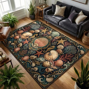 Peut inclure: Un tapis rectangulaire au fond bleu foncé orné d'un motif détaillé composé de divers coquillages, étoiles de mer, hippocampes et branches de corail. Le design présente des bordures décoratives tourbillonnantes et un motif central.