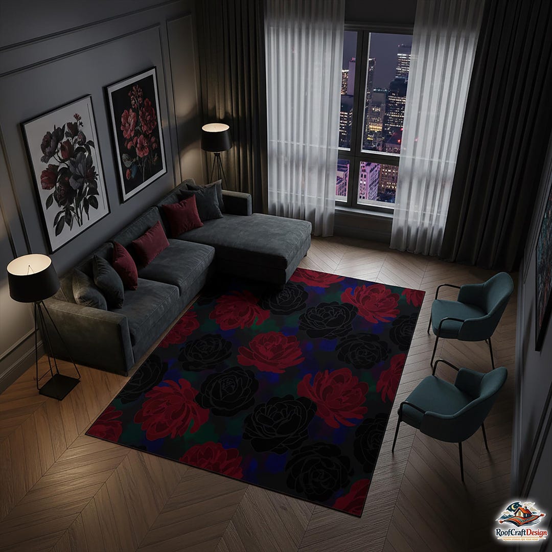Black Floral Area Rug – Red Rose Luxury Romantic Living Room Carpet - Etsy