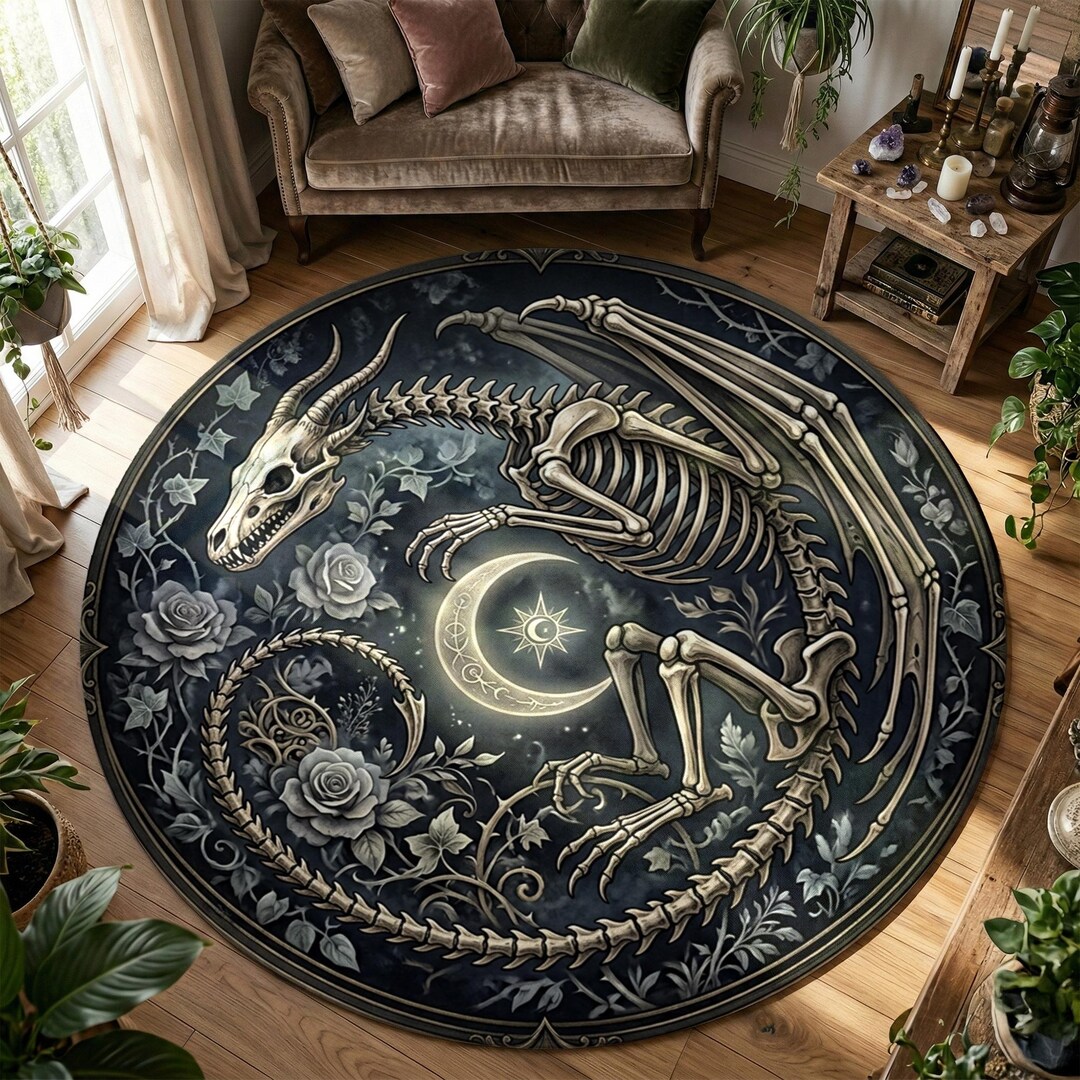 Skeleton Phoenix Moon Rug, Gothic Rebirth Carpet, Dark Floral Celestial ...