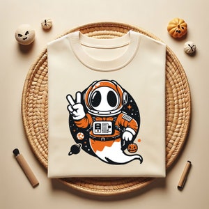 Retro niedlicher Geist Astronaut Png zwart, Geist im Weltraum zwart, lustiges Halloween Blatt, Kinder gruselige Vibes Blatt png, Gruselige Saison Png, digitaler Download