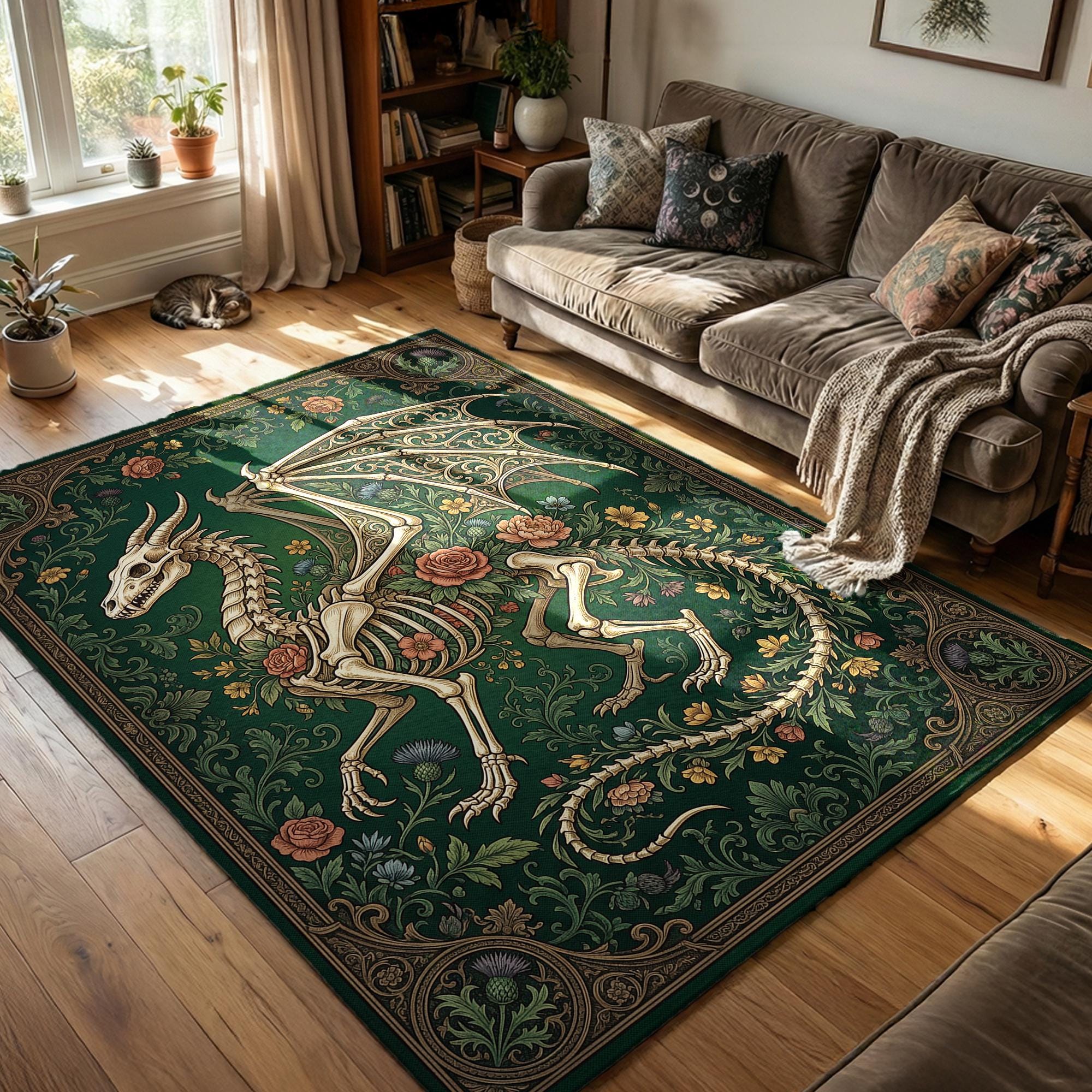 Dragon Rug Irl Gothic Dragon Skeleton Botanical Rug, Dark Academia Fantasy Home Decor ...